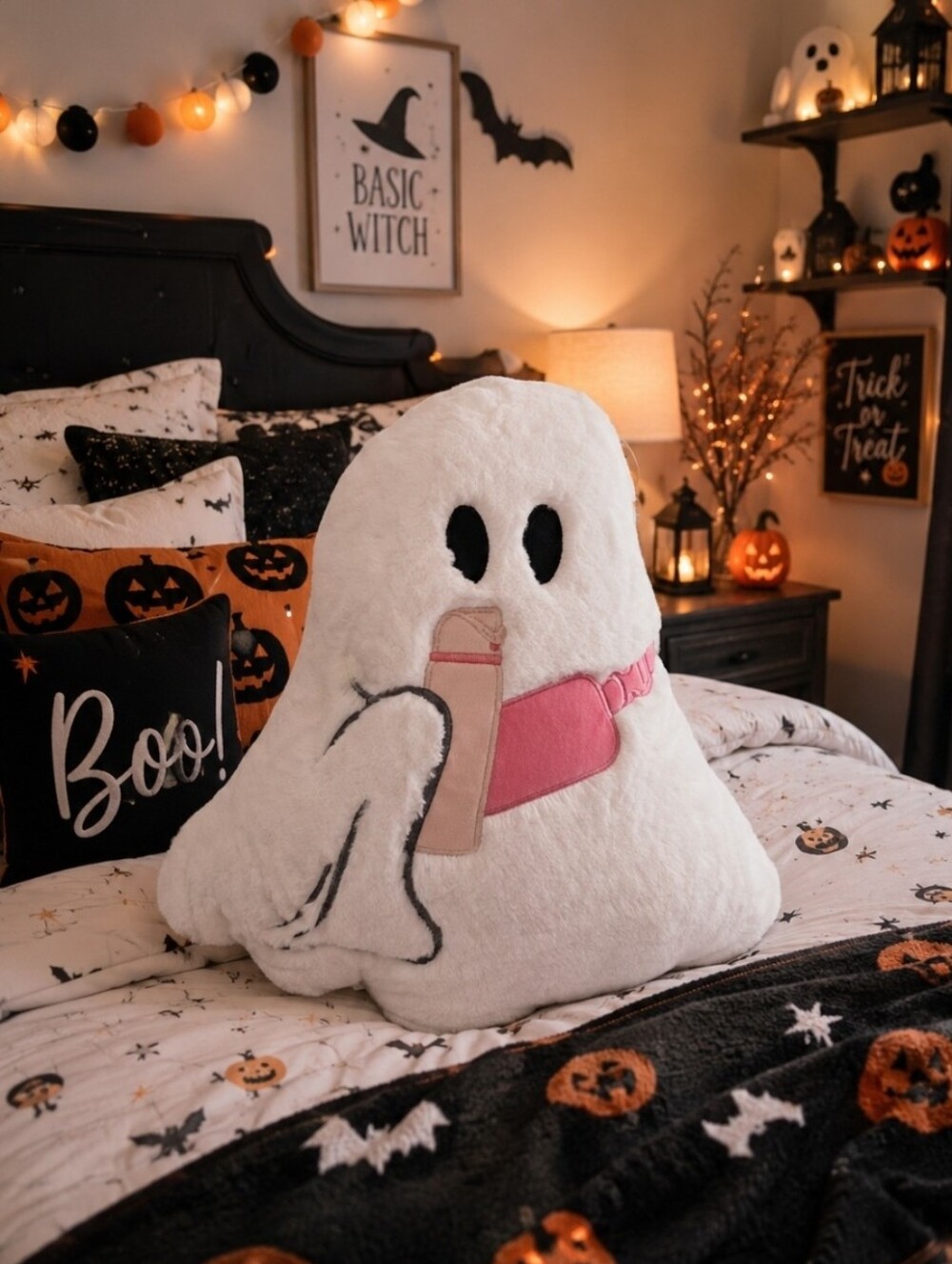 New! Spooky Nights Super Soft Halloween Ghost Pillow Holding Cup Pink Crossbody